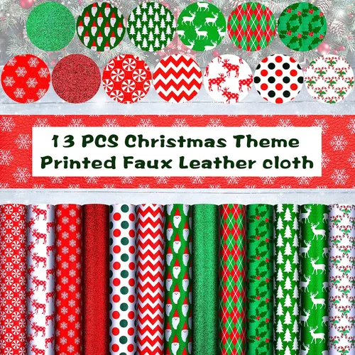 Miniatura 4 de 13 Pcs Christmas Faux Leather Sheets Santa Claus Glitter Synthetic Leather Fabric Deer Snowflakes Candy Christmas Tree for Holiday DIY Bows Earrings