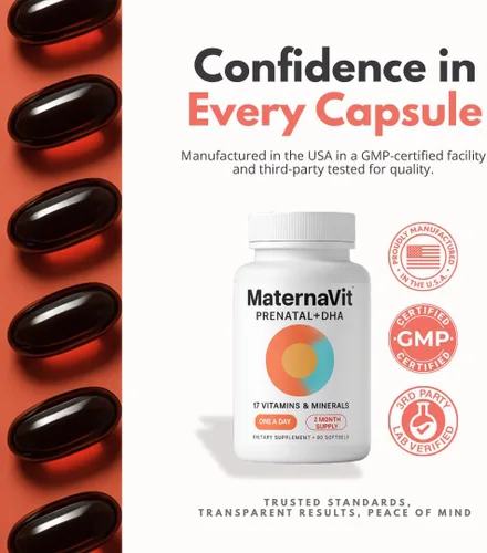 Miniatura 8 de MaternaVit 1 al día Vitaminas prenatales para mujeres 2 mes: ácido fólico, aceite de pescado Omega 3 DHA/EPA, vitamina D3, B6, Vitmain B12, C, E