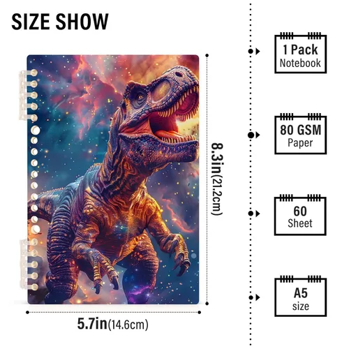 Miniatura 2 de UMIRIKO Dinosaur T-rex Galaxy Spiral Notebook Journal College Ruled Notebook 8.3"x5.7" Journal with 60 Lined Pages A5 Spiral Notebooks for Women Men
