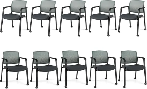Miniatura 12 de Giantex Juego de 2 sillas de sala de espera, sillas de escritorio de oficina con ruedas de poliuretano, reposabrazos, silla apilable para oficina