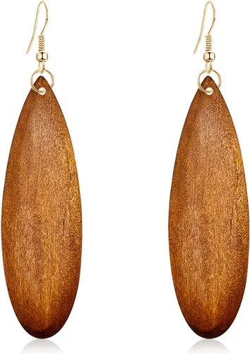 Aretes colgantes bohemios retro de madera natural con forma de lágrima africana, ligeros, hechos a mano, largos, grandes, vintage, geométricos, de