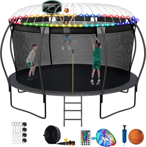 Miniatura 7 de SKYUP Tranpoline de 8 10 12 14 15 16 pies 1500 libras para niños y adultos con luz+rociador+calcetines, tranpolina recreativa con aro de baloncesto