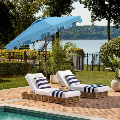 Miniatura 8 de SAFAVIEH Zimmerman - Sombrilla de patio con manivela de 9 pies para exteriores, toldo azul y blanco bebé, poste de aluminio marrón, cenefa