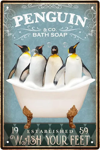 Divertido pingüino decorativo vintage para baño y bañera, decoración de pingüino para amantes de las mascotas, regalo de granja, hogar, bar, baño,