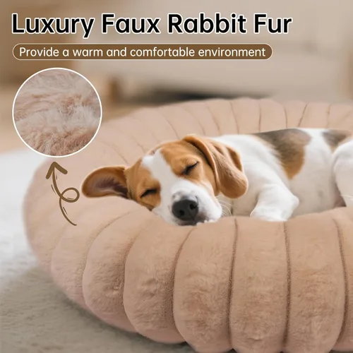 Miniatura 3 de Cama en forma de dona para perros y gatos, lujosa y cómoda cama de pelo sintético de conejo para mascotas, cama redonda antiansiedad calmante