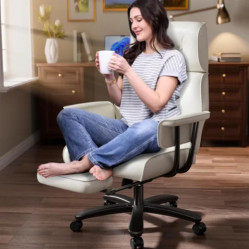 SeekFancy Silla cruzada con ruedas y brazos, silla de oficina reclinable con reposapiés y asiento ancho, silla de escritorio grande y alta de cuero,