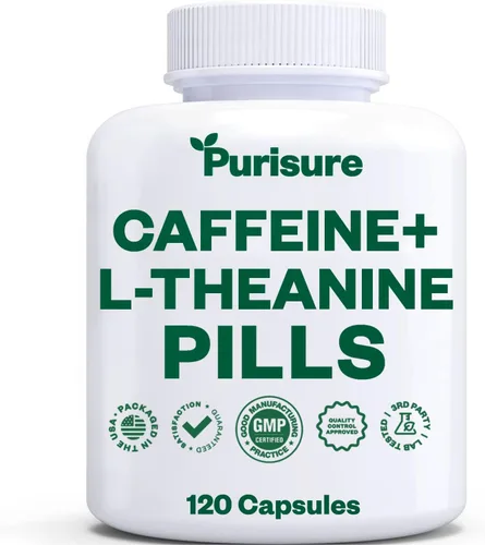 Purisure Cápsulas de teanina de cafeína, píldoras de cafeína 100 mg L teanina para pre entrenamiento, energía y claridad, píldoras energéticas para