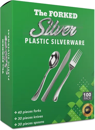 Miniatura 2 de Juego de 100 cubiertos de plástico plateado para fiesta, juego combinado de cubiertos de lujo, desechables y duraderos, 40 tenedores, 30 cuchillos
