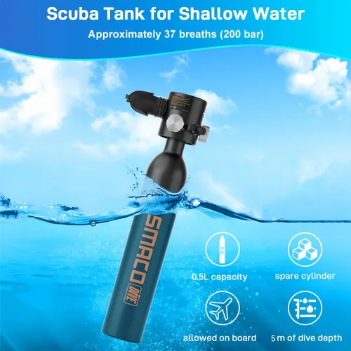 Miniatura 2 de SMACO Botella de buceo Mini Tanque 0.5L Buceo Botella Soporta 6-10 Minutos Buceo para Buceo o como Botella de Aire de Repuesto