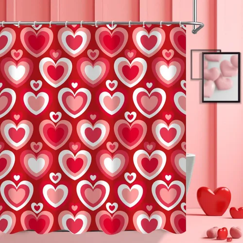 Miniatura 3 de Cortina de ducha para el día de San Valentín, diseño de corazones amorosos rojos, diseño romántico de San Valentín, años 60, 70, retro, impermeable