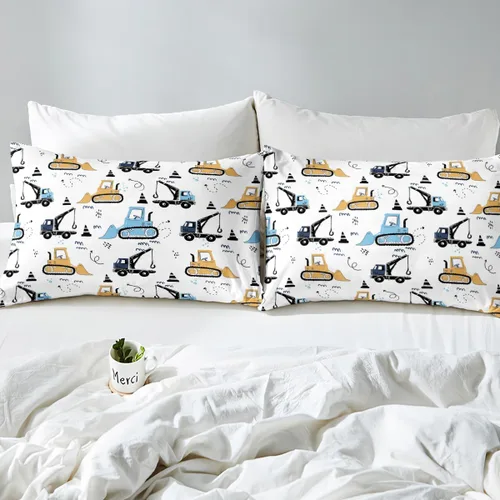 Miniatura 5 de Juego de sábanas bajeras para niños con diseño de caricaturas para niños, equipamiento para camiones, sábana de cama, excavadora, tractor, blanco