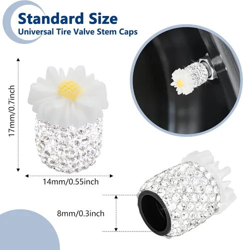 Miniatura 4 de 4 Pack de tapas de vástago de válvula brillantes con cristal de rhinestone en forma de margarita a prueba de polvo, universal para autos, camiones