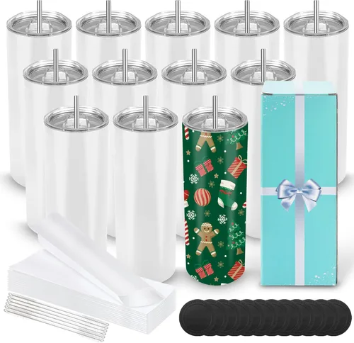 Miniatura 12 de D·S Paquete de 8 vasos de sublimación de 20 onzas a granel con fondo plano y recto, vasos en blanco con caja de regalo individual para transferencia