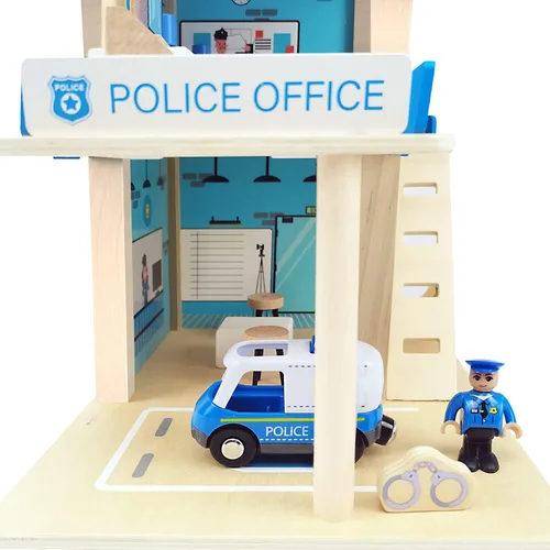 Miniatura 2 de Juego de juguete de estación de policía de madera, set de casa de muñecas de juego de simulación multicolor de 3 niveles con figuras, coche
