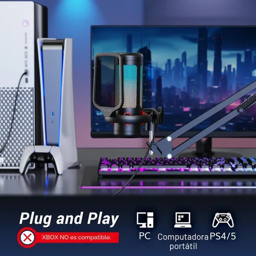 Miniatura 7 de TONOR Juego de micrófonos para juegos con brazo de brazo, micrófono de condensador vocal para PC con soporte, micrófono USB con luz RGB controlable