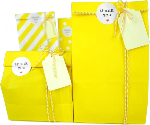 Miniatura 7 de SMINTINE Paquete de 30 bolsas de papel amarillo con calcomanías de agradecimiento, etiquetas de papel, cuerda de algodón para panaderos, bolsas