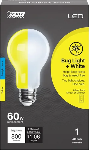 Miniatura 12 de Feit Electric A19 - Luz LED para insectos para exteriores, equivalente a 60 vatios, bombilla LED no regulable, base mediana E26, 120 V, 22 años