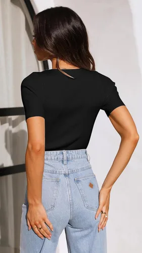 Miniatura 2 de Camiseta de manga corta acanalada para mujer, de verano, de punto, ajustada, básica, de color sólido