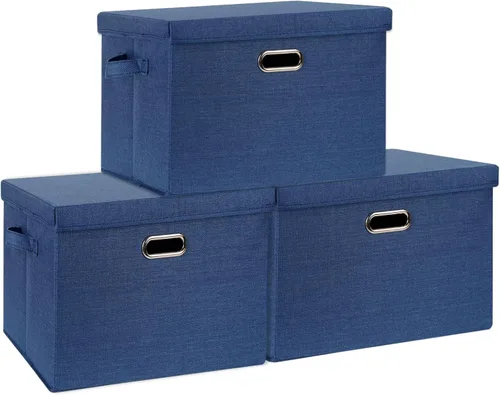 SNWDN Paquete de 3 contenedores plegables de tela con tapas, caja de almacenamiento de tela con tapas para uso doméstico y de oficina (azul oscuro,
