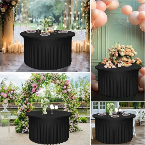 Miniatura 5 de Paquete de 2 faldones de mesa negros de 48 pulgadas de diámetro x 30 pulgadas de alto, se adapta a mesas redondas de 4 pies, manteles redondos