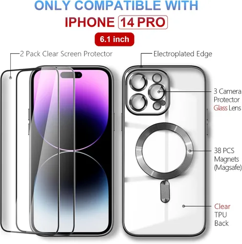 Miniatura 3 de Magsafe - Funda magnética transparente para iPhone 14 Pro con protector de pantalla y funda para cámara, galvanizada transparente para Negro