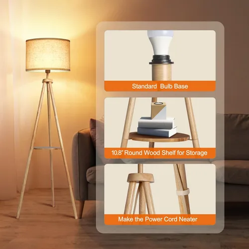 Miniatura 38 de OUTON - Lámpara de pie de trípode de madera con estantes, lámpara de pie de mediados de siglo con control remoto, 4 temperaturas de color, lámpara