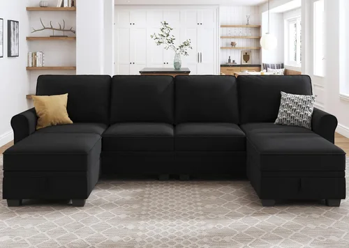 HONBAY - Sofá seccional con asiento de almacenamiento de terciopelo, en forma de U, con tumbona reversible, sofá seccional convertible para sala de