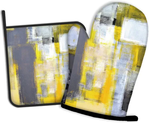 Guantes de cocina de pintura abstracta gris y amarillo, guantes de cocina para cocina, juego de 2 piezas, almohadilla resistente al calor para