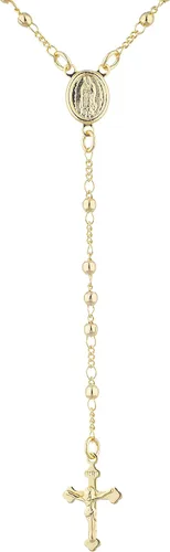 Collar con colgante de oro superpuesto de 18 pulgadas - Rosario religioso. Jesús en la cruz y brazos abiertos y Virgen María. Colgante de cruz de