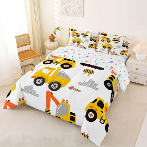Miniatura 7 de Feelyou Juego de edredón de coche de dibujos animados para niños, edredón de construcción para niños, juego de ropa de cama de camiones y equipos