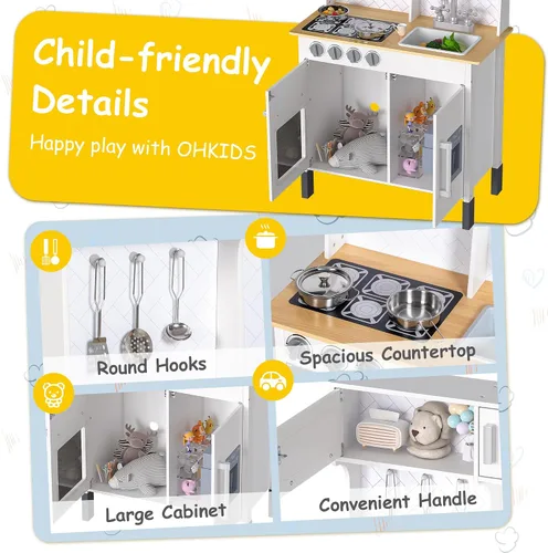 Miniatura 3 de Juego de cocina, cocina de madera para niños pequeños con grifo, fregadero, máquina de hielo, juguetes de cocina, alturas ajustables, estufa, cocina