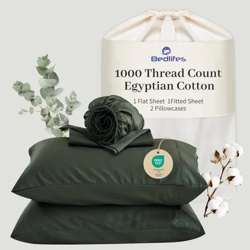 Miniatura 38 de Bedlifes Sábanas de algodón egipcio de 1000 hilos, tamaño Queen, 4 piezas con bolsillo profundo de 16 pulgadas, ropa de cama ultrasuave refrescante