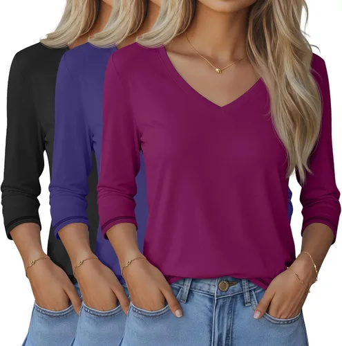 Miniatura 13 de Ficerd Paquete de 3 camisetas de manga 3/4 para mujer, cuello en V, blusas holgadas, blusas casuales, ropa de moda 2026