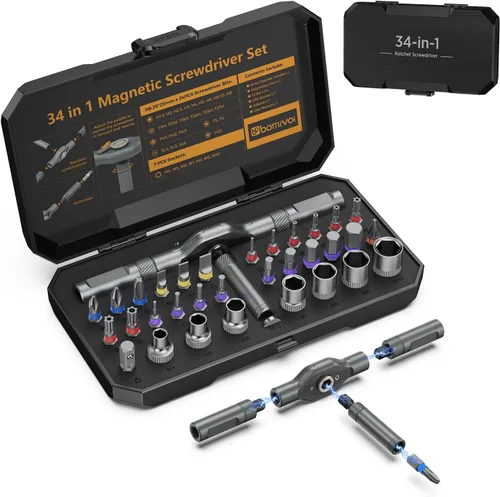 Juego de destornilladores magnéticos 34 en 1, juego de destornilladores de trinquete profesional con 24 puntas de anillo de color y 7 enchufes,