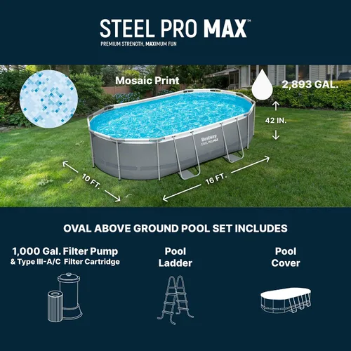 Miniatura 3 de Bestway 56655E Power Steel - Juego de piscina de 16 x 10 x 42 pulgadas, marco ovalado para exteriores sobre el suelo, con bomba de filtro