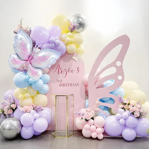Kit de arco de globos de mariposa, 148 unidades, guirnalda de globos rosa pastel y morado, amarillo, azul, con globo de aluminio de mariposa grande