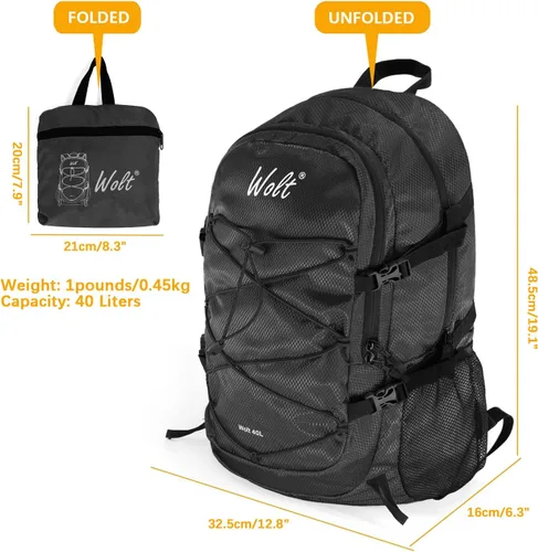 Miniatura 4 de WOLT Mochila de viaje plegable de 40 L, mochila plegable y ligera para hombres y mujeres, bolsa de senderismo impermeable para acampar al aire libre
