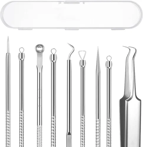 Kit de 5 extractores de puntos negros, herramientas profesionales de acero inoxidable para eliminación de espinillas, acné y manchas, pinzas curvas