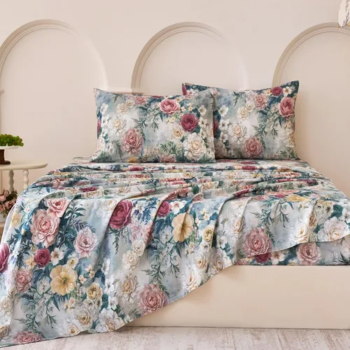 Miniatura 2 de Juego de sábanas de cama floral azul 100% algodón percal tamaño King, diseño vintage chic shabby, con patrón de peonía, ropa de cama suave y Monet