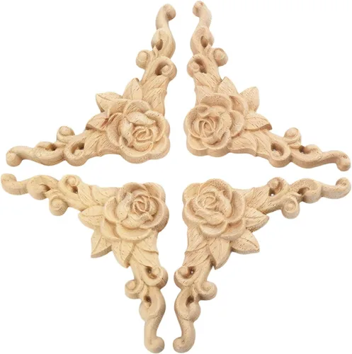Miniatura 11 de Apliques tallados en madera, 8 piezas de calcomanías de esquina de rosa, tallados de roseta de madera sin pintar para puerta, gabinete, repisas