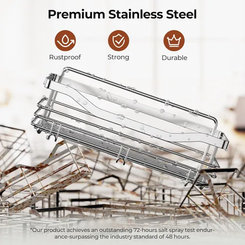 Miniatura 8 de Orimade Cesta de ducha con 5 ganchos, organizador de baño, estante de almacenamiento de cocina, adhesivo montado en la pared, sin perforaciones