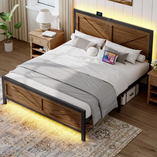 Miniatura 7 de Marco de cama rústico de tamaño completo con cabecero de puerta de granero, marco de cama LED con estación de carga, marcos de cama de plataforma