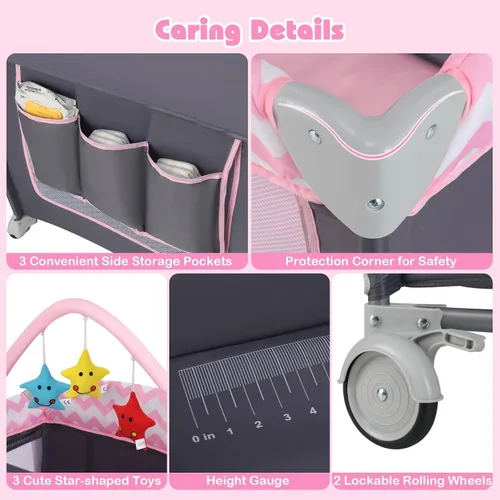 Miniatura 5 de BABY JOY 4 en 1 Pack and Play, corralito de juego portátil para bebés con moisés, puerta con cremallera lateral, mesa de cambio, centro