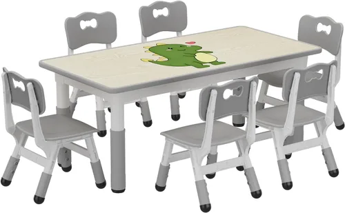 GAOMON - Juego de mesa y 6 sillas para niños, mesa y silla ajustables en altura para niños de 2 a 10 años, escritorio con graffiti, patas Gris