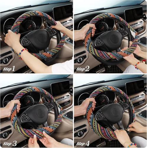 Miniatura 5 de SEG Direct Funda bohemia para volante con tela de manta Baja, cubierta para volante de estilo étnico hecha de lino grueso, se adapta a volantes