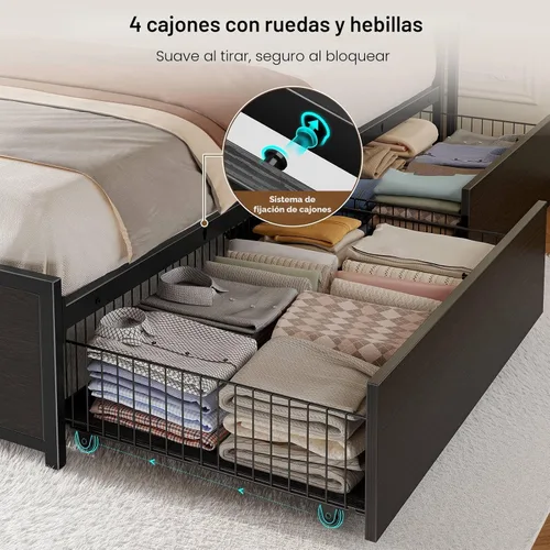 Miniatura 4 de Rolanstar Base de cama de tamaño completo con 4 cajones de almacenamiento, estación de carga y luces LED, plataforma de metal con cabecera