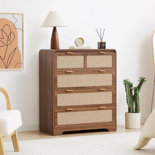 Cómoda moderna de mediados de siglo para dormitorio con 4 cajones, cómoda de 35 pulgadas de alto con lino natural, cómoda de madera curvada,