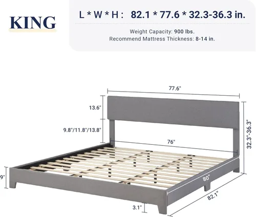Miniatura 2 de Allewie Armazón de Cama de Plataforma Tamaño King con Cabecera Tapizada Ajustable, Listones de Madera Fuertes, Base de Colchón de Servicio Pesado