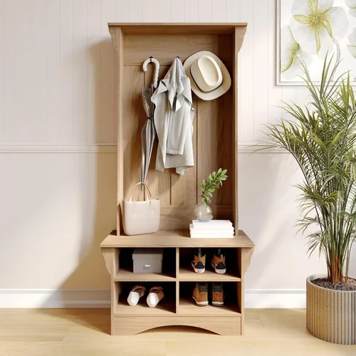 Miniatura 2 de Flash Furniture Árbol de pasillo de cachemira con banco de almacenamiento, almacenamiento inferior ajustable, tablero decorativo con 3 ganchos
