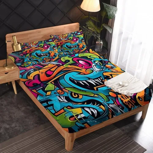 Miniatura 2 de Graffiti Sheets - Juego de sábanas tamaño individual, sábanas de microfibra suave, bolsillo profundo, sábanas y fundas de almohada estampadas sin